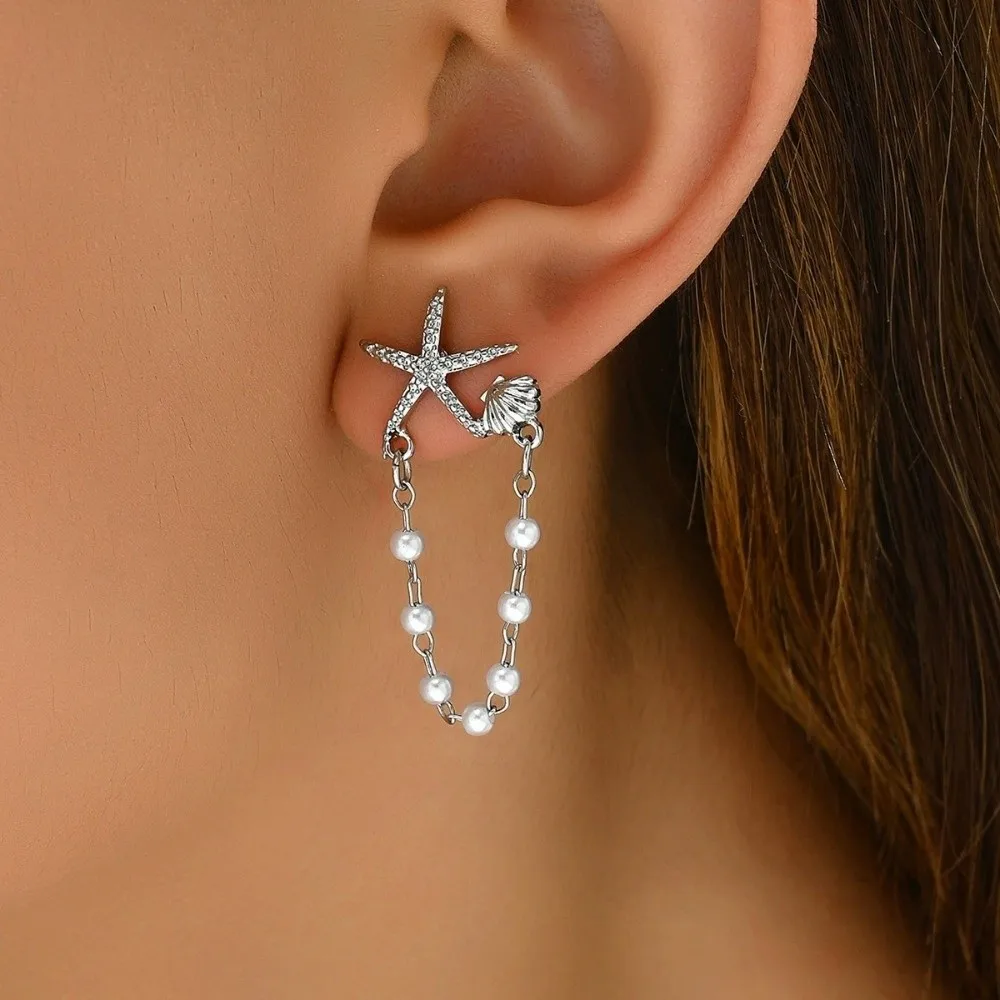 New Bohemian Starfish Dangle Earring Imitation Pearl Shell Stud Earrings Chain Pendant Gold Sea Star Jewelry Beach