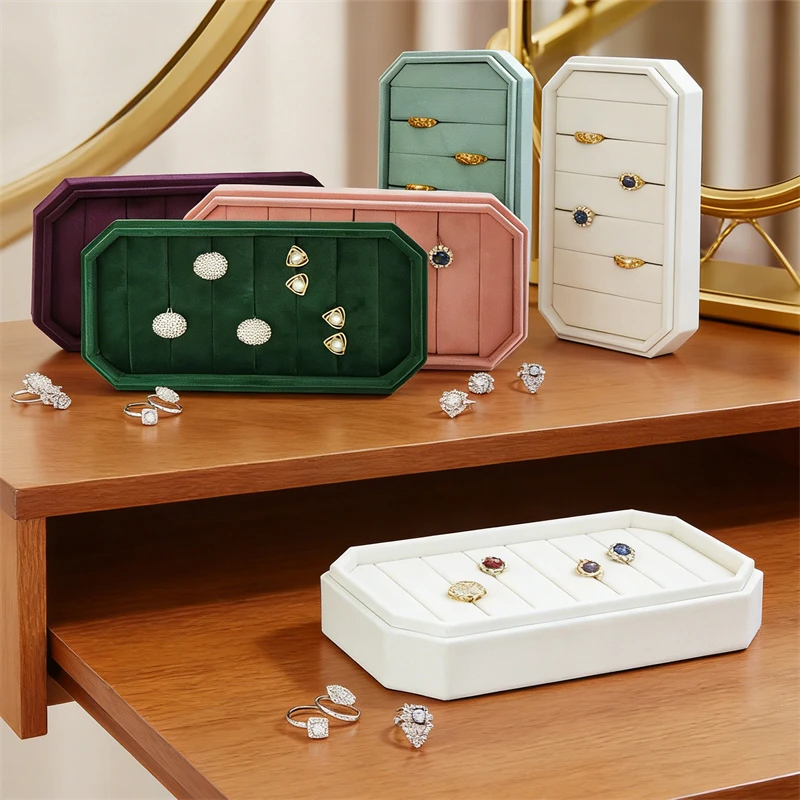 

Высококачественная восьмиугольная бархатная шкатулка для хранения и демонстрации украшений с крышкой, разноцветный лоток для хранения ювелирных изделий