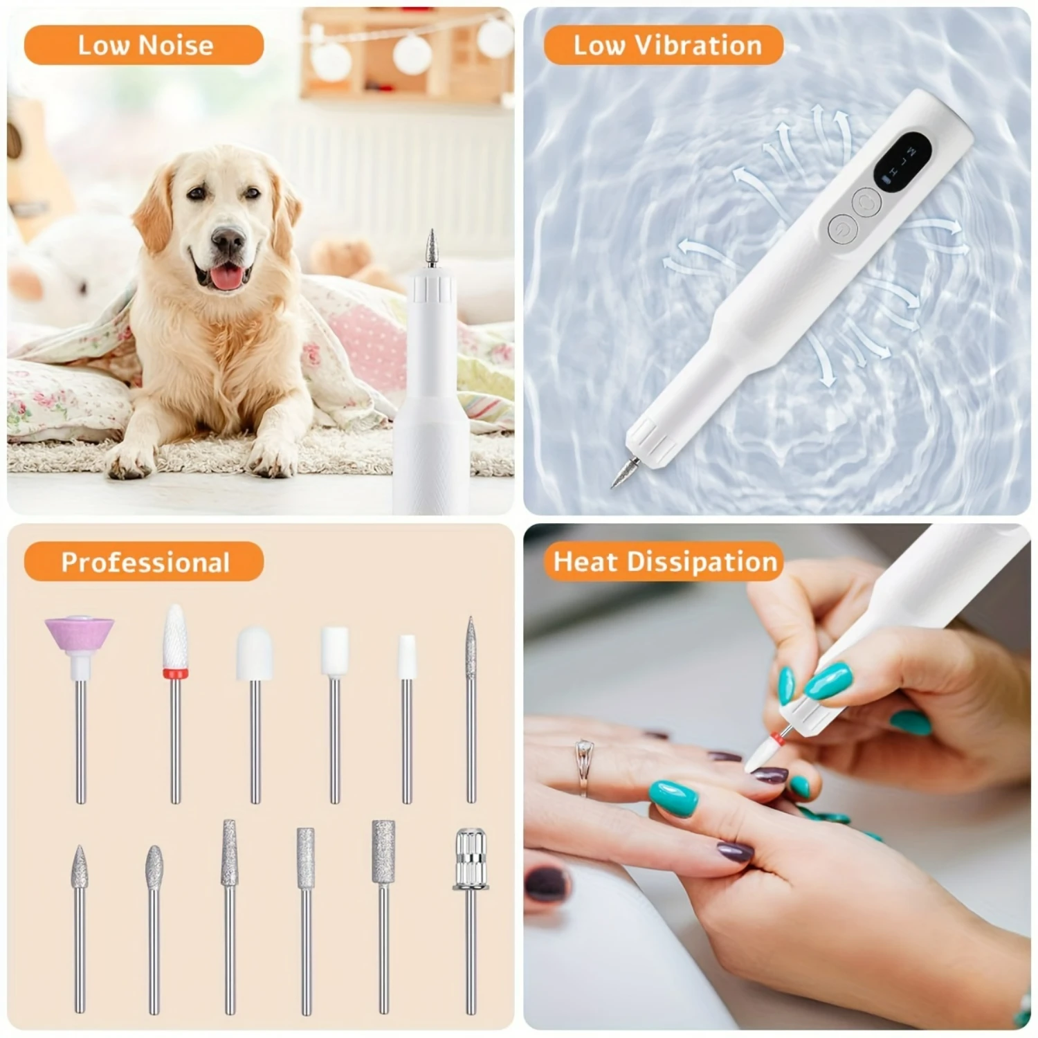 Rechargeable Cordless Nail Drill Kit, Wireless Manicure Grinder with White Acrylic Files for Gel Nails, Portable Professional Na