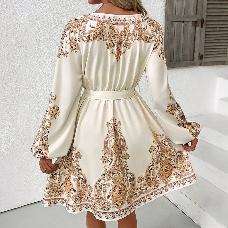 Fashion New Women's Clothing Elegant National Retro Style V-neck Long-sleeved Print Versatile Elegant Dress