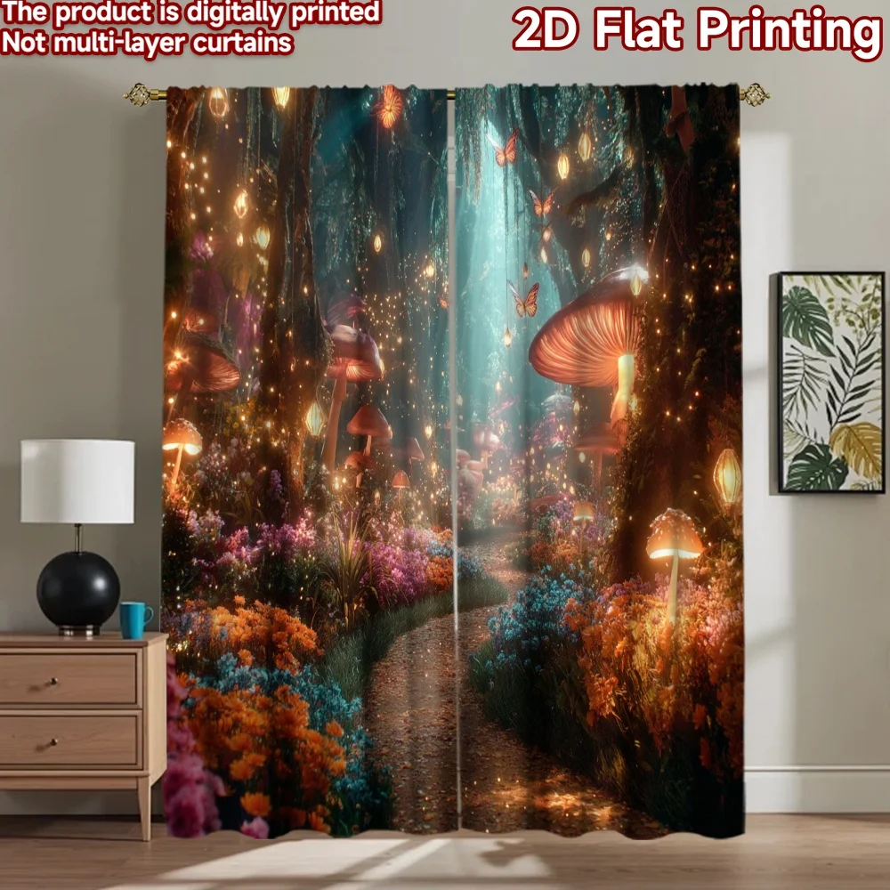 

2D flat printing 2pcs Window Curtains Enchanted Forest Path Mushrooms Digital Printed Polyester Drapes Family Party for Indoor