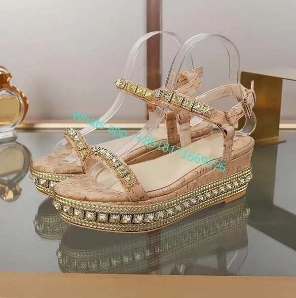 Women Luxury Rivet Wedes Slingback Sandals Dress Ankle Buckle Thick Sole Spikes Shoes Sexy Weave Espadrille Style Sandals