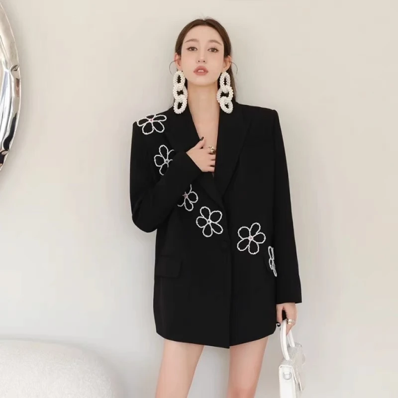 

Women's Winter Small Fragrance Style Short Pearl Flower Embroidered Blazers Retro French Embroidery Loose Fitting Suit Jackets