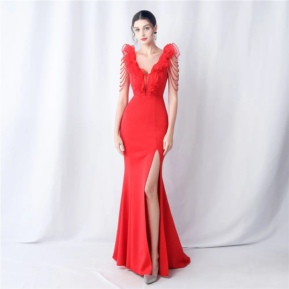 Sladuo Sexy V Neck Beading Mesh Ruffle Dress For Women Sleeveless  Elegant Split Evening Celebrity Party  Dresses Vestidos