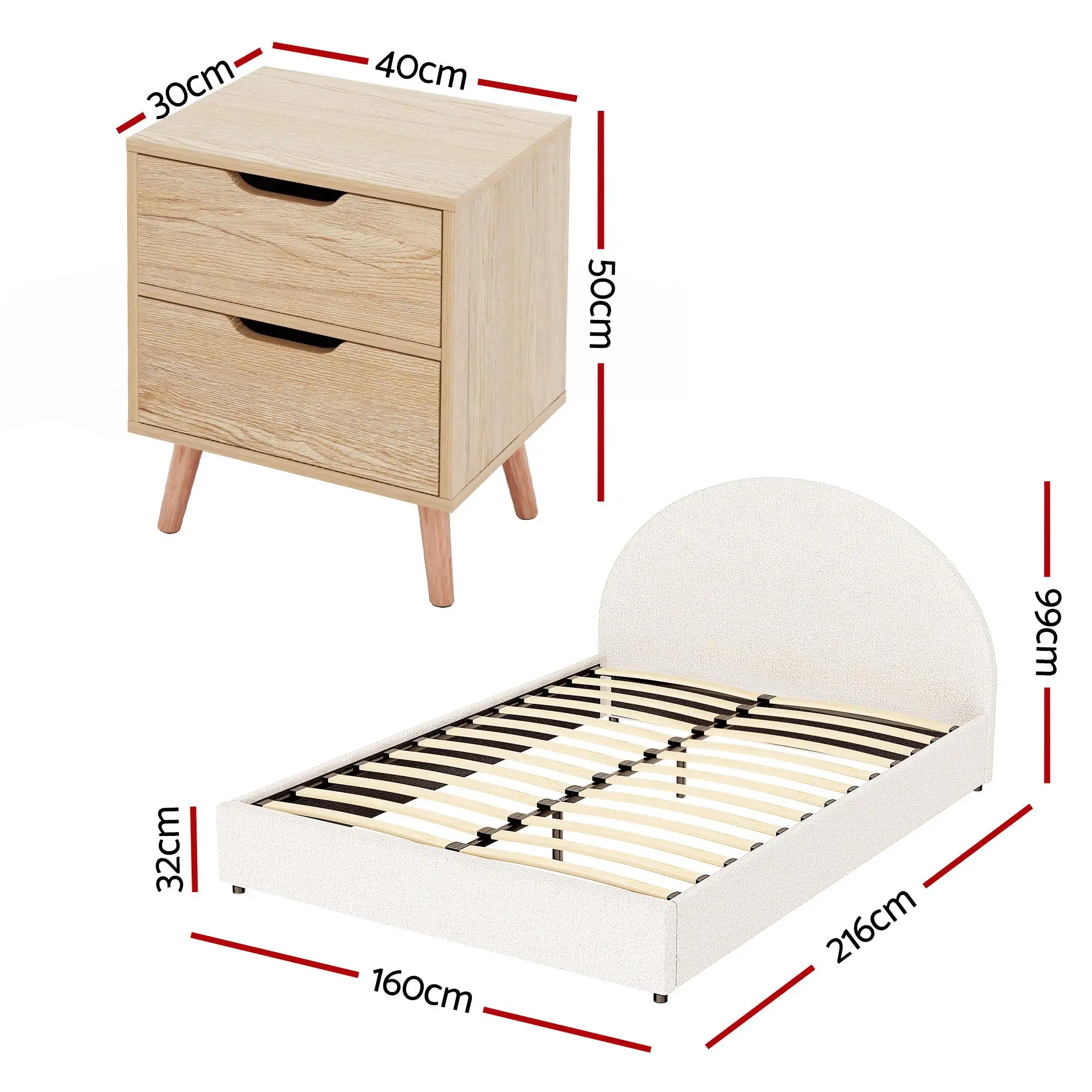 Gas Lift Queen Bed Frame with Matching Bedside Table Set Boucle Upholstered Platform Bed and Nightstand Storage Set