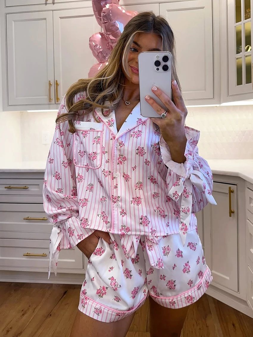 

Комплект женской пижамы Marthaqiqi: ночная сорочка с длинным рукавом и отложным воротником, шорты, 2 предмета