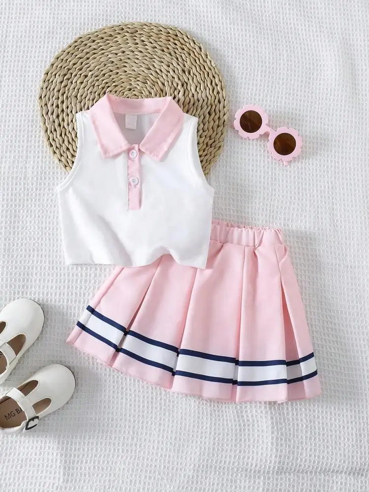 

2 Pcs Children's Set of Summer Contrast Color Lapel Tank Buttons Tops and Short Skirts Sweet and Cute Kid Girl's Clothing Suit