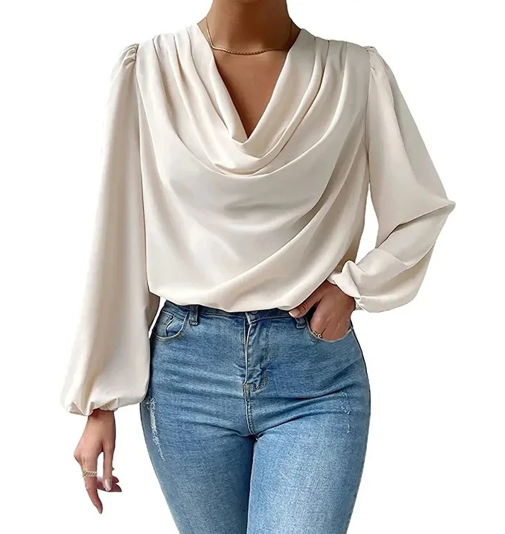

New Women Chiffon Shirt Long Sleeve V Neck Blouse Loose Fit Draping Tops European American Style Casual T Shirt
