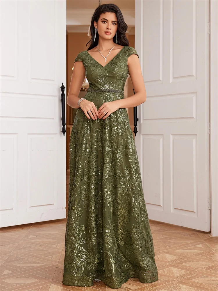 Lucyinlove New Luxury V-Neck Green Sequins Evening Dress Elegant Long Women V-back Wedding Party Long Prom Cocktail Dress Gowns