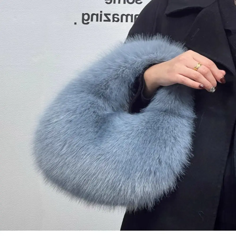 Luxury Soft Plush Half Moon Bag Faux Fur Fluffy Lady Handbags Female Winter Purse Party Clutch Bag Casual Tote Bag