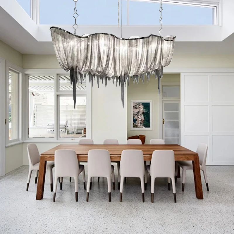 Modern Art Deco Chrome Waterfall Icicle Glass Linear Chandelier Hanging Light for Dining Room Kitchen Island Home Decor.