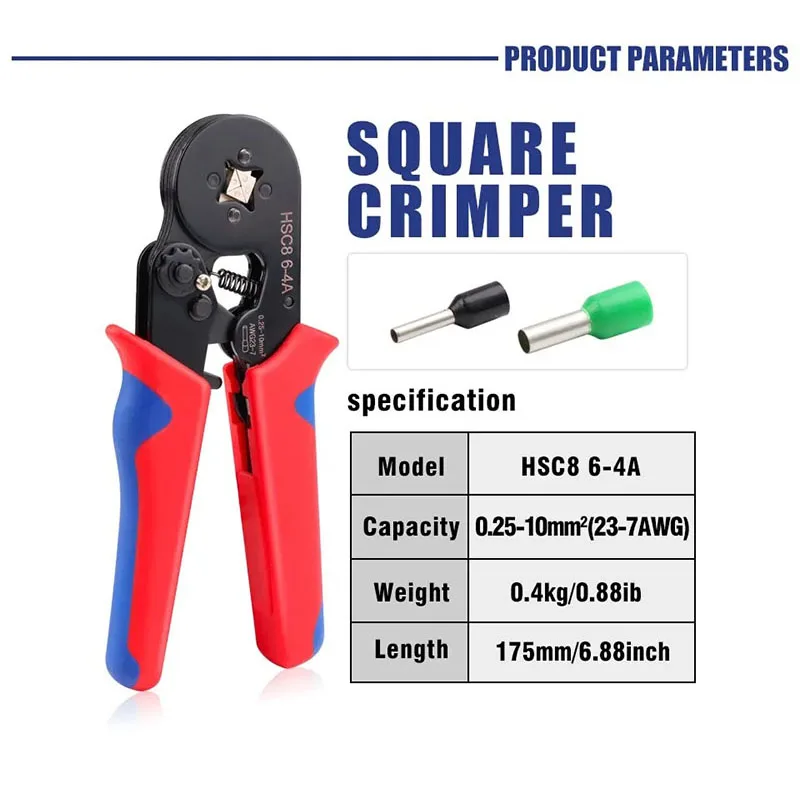 Crimping tool HSC8 6-4 0.25-10mm for ferrule tubular terminals ² 23-7AWG Ferrule Crimping Clamp Set Wire Head Electrician Tools