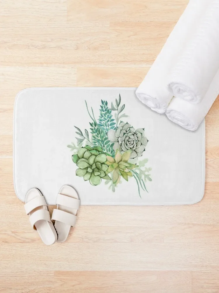 Mint Green Succulent Floral and Leaves Cluster Bath Mat Bathroom Supplies Bathroom Use Rug Bathroom Mat