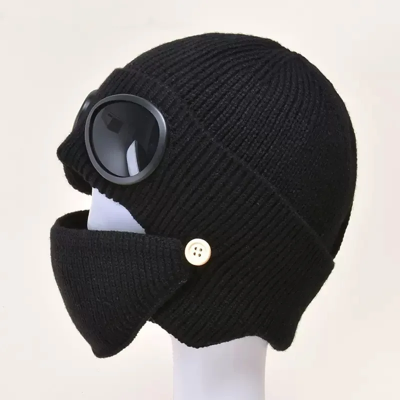 Unisex Multifunction Knitted Trapper Hat Women Men Winter Warm Cycling Bonnet Beanies Detachable Knit Mask Goggle Cap Skullies  