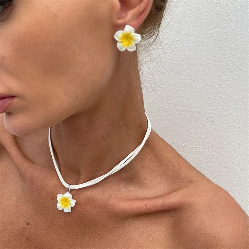 

Elegant Big Flower Jewelry Set for Women White Pink Green Resin Flowers Pendant Necklace Earring Girls Beach Party Jewelry Gift