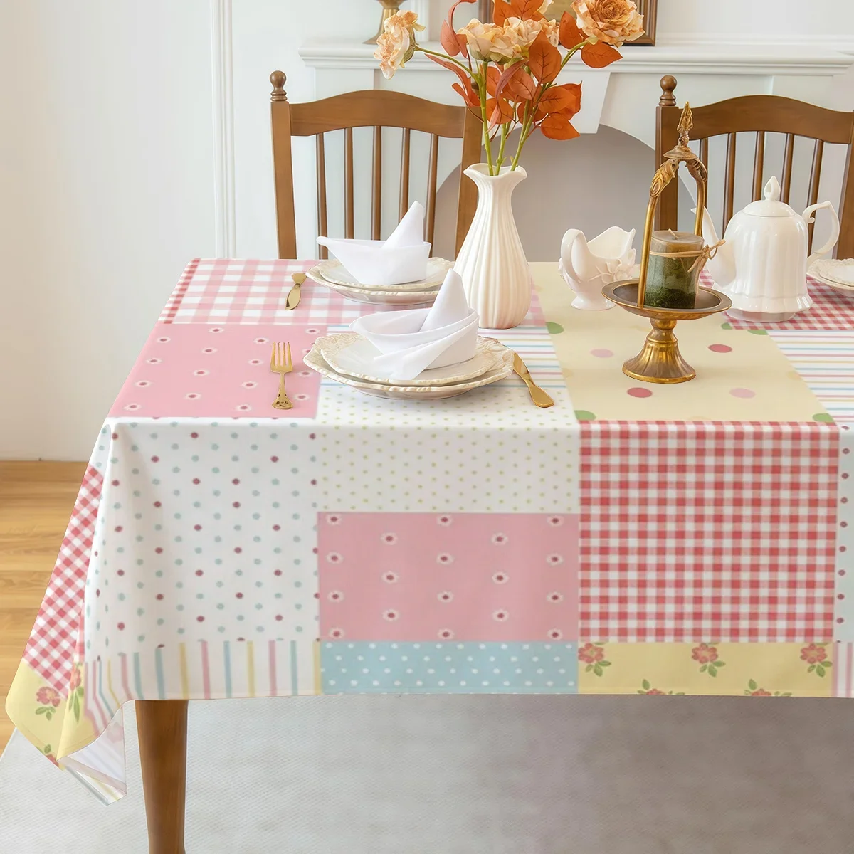 Patchwork-style pink, yellow and blue checkered and polka-dotted tablecloth, durable polyester tablecloth