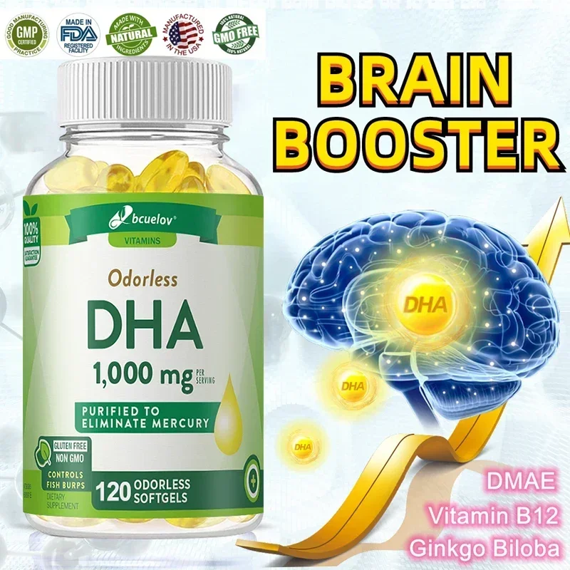 DHA Supplement 1000 mg - 120 Softgels, Wild Caught Fish Oil Omega-3 Supplement, Brain Booster, Non-GMO, Gluten-Free