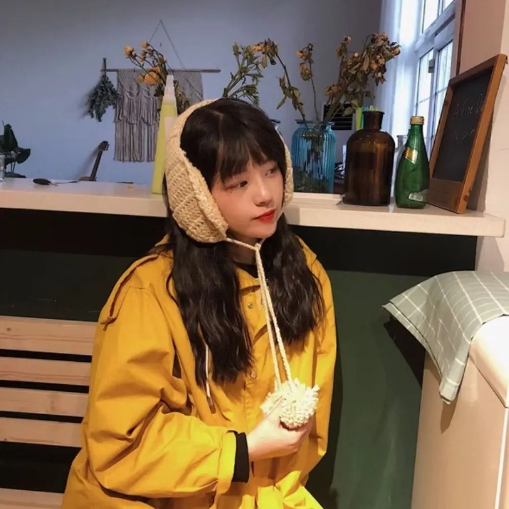 Handmade Korean Style Y2k Plush Earmuffs Solid Color Thicken JK Knitted Earflap Soft Warm Outdoor Winter Ear Cover Girl
