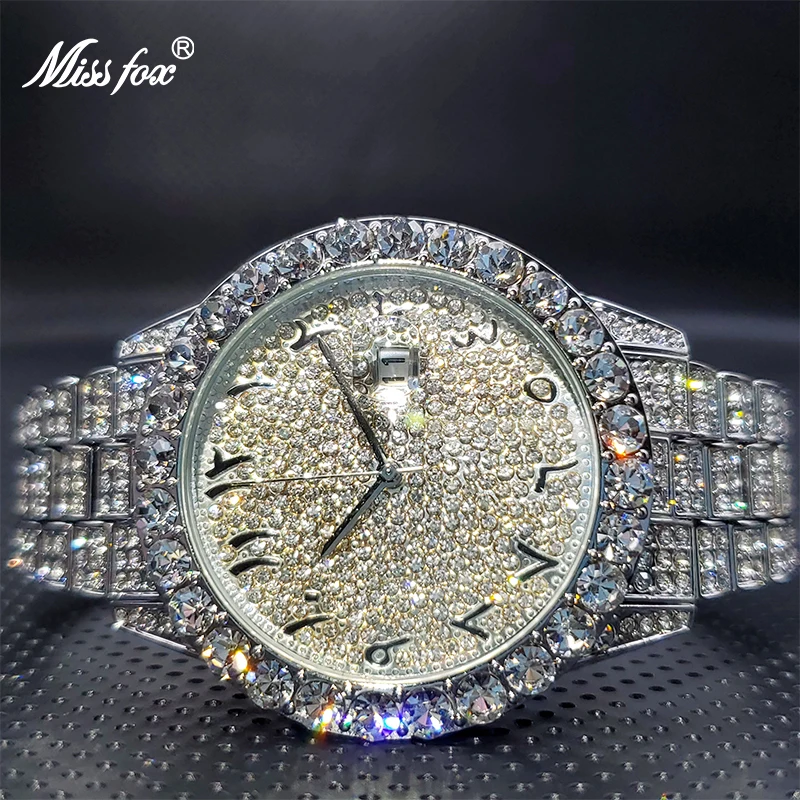 Montre Homme Luxe MISSFOX Iceout Gypsophila-Style Arabic Numbers Dial Quartz Watch Bezel with Big Diamond Wristwatch Droshipping