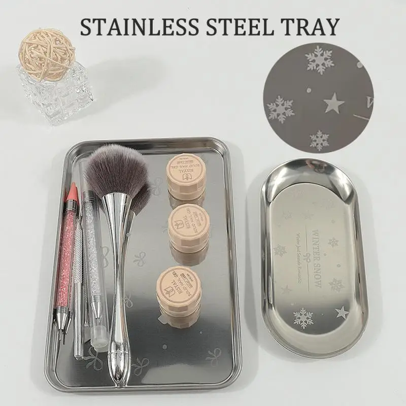 

Nail Display Tray Stainless Steel Cosmetic Storage Tray Silver Bow Snowflake Photography Props False Nails Dish Tools