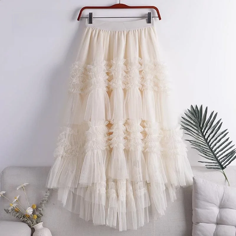 

Irregular Hem A-Line Cake Skirt Fairy T Me Midi Skirt French Sle mid Waist Polyester Fiber Ci Walk Summer New Arrival