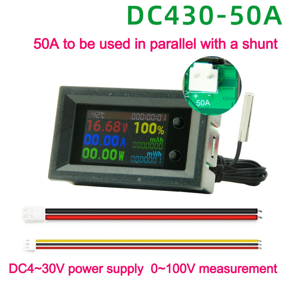 DC4-30V 10A 50A 100A Digital Power Energy Voltmeter Ammeter Voltage Kwh Temperature Meter Electric Energy Frequency Meter 8 in 1