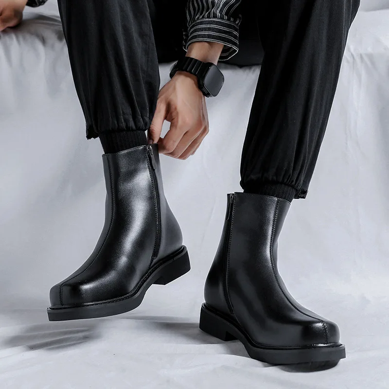 

2025 Men's Short British Black Round Head One Pedal Cigarette Trend Side Zipper motorcycle boots