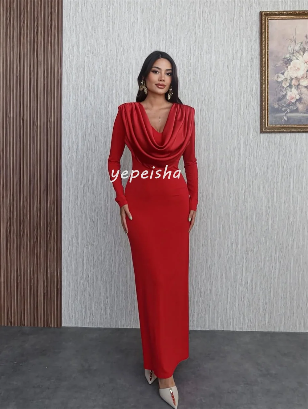 Maßgeschneiderte, schlichte, passende Jersey-Falten, gerüschte, gerade Midi-Kleider mit V-Ausschnitt, maßgeschneiderte Anlasskleider, exquisite, elegante Mode