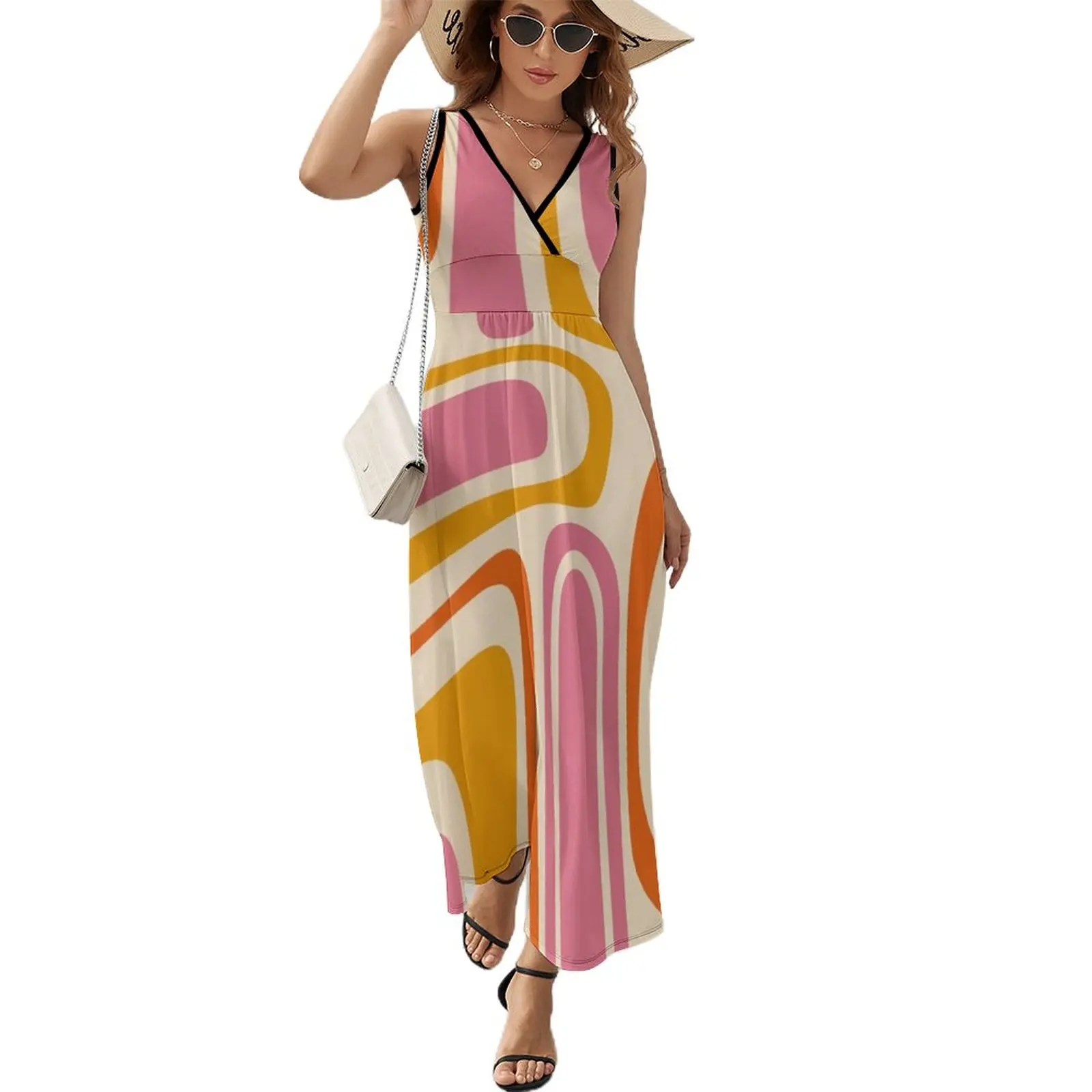 

Palm Springs Retro Mid Century Modern Abstract Pattern in Thulian and Orange Tones Sleeveless Dress women's summer dresses 2023