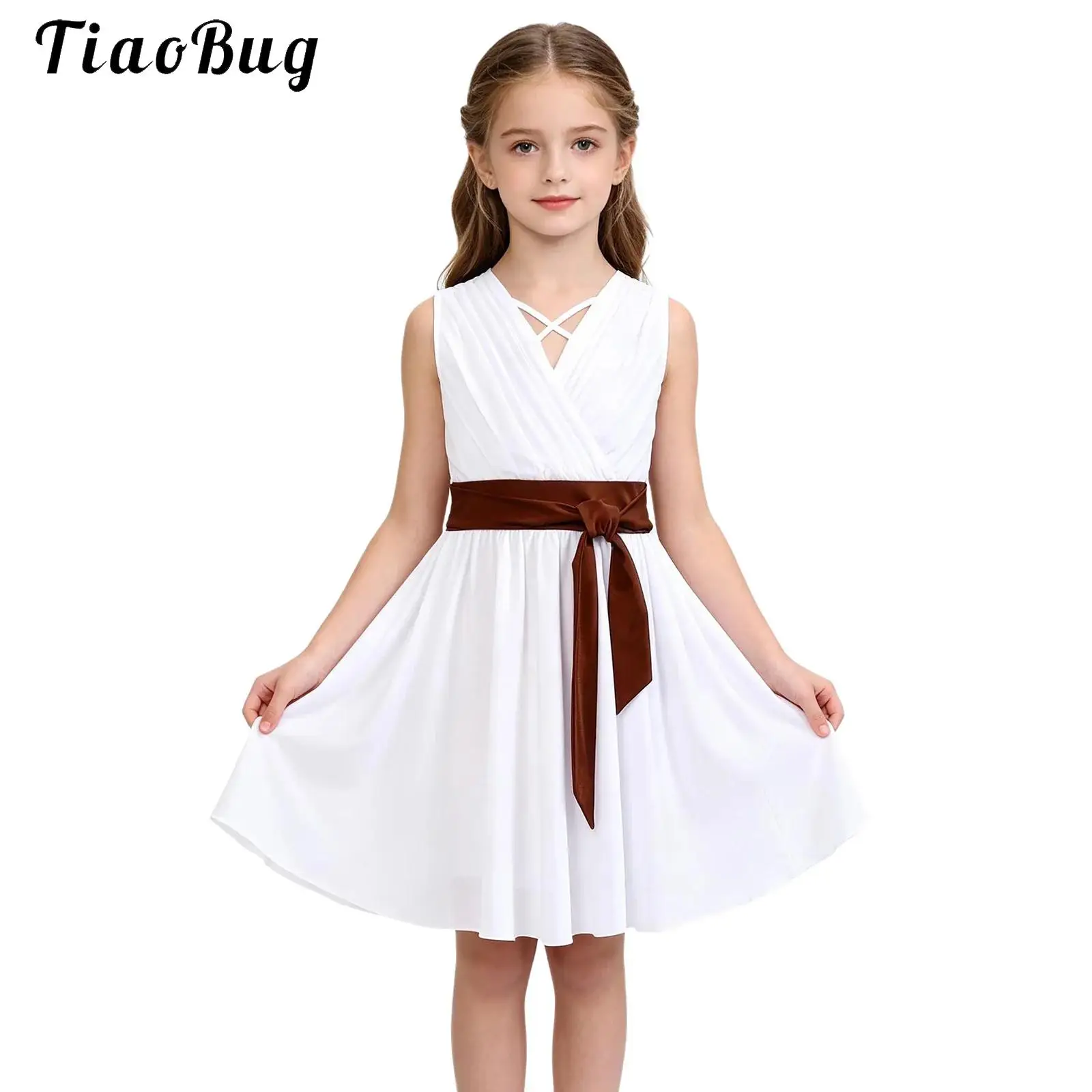 Kid Girls Ancient Greek Roman Athena Princess Costume Sleeveless Knee Length Pleated Toga Dress Halloween Adventures Party Dress