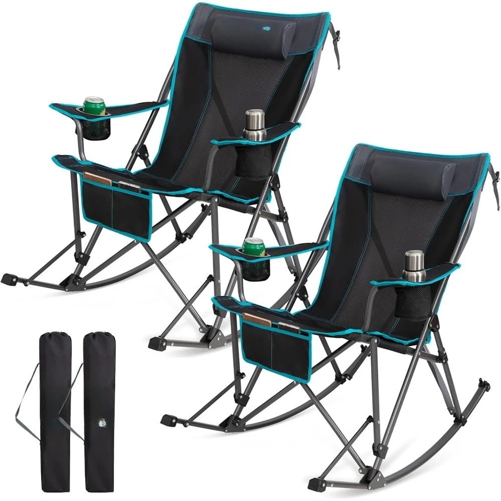 

Rocking Camping Chair, 2 Pack High Mesh Back Portable Folding Camp Chairs with Pillows, Cup Holder and Carry Bag for Lawn Patio