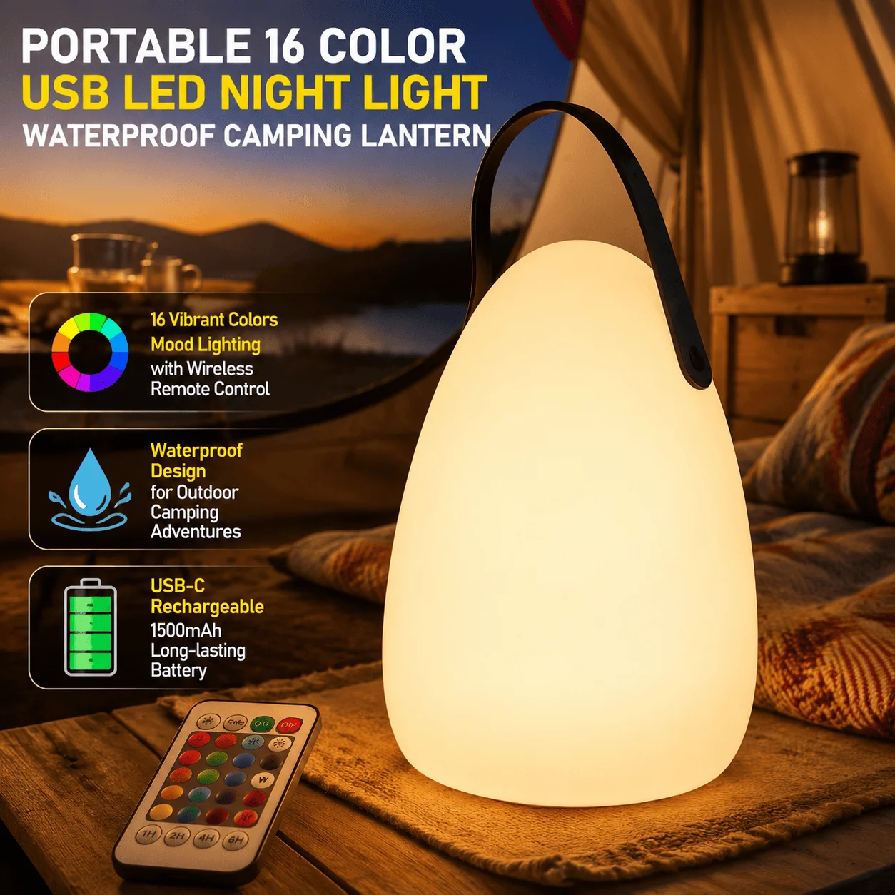 Led Camping Light 16 Colors Rgb Mood Night Light Remote Control Waterproof Portable Lantern Usb C Rechargeable For Outdoor Tent