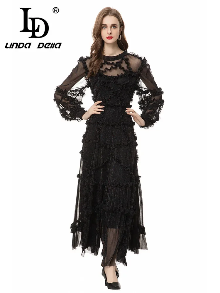 

LD LINDA DELLA Summer Runway Fashion Temperament Dress Women's Elegant Holiday Edible Tree Fungus Net Yarn Tunics Long Dresses