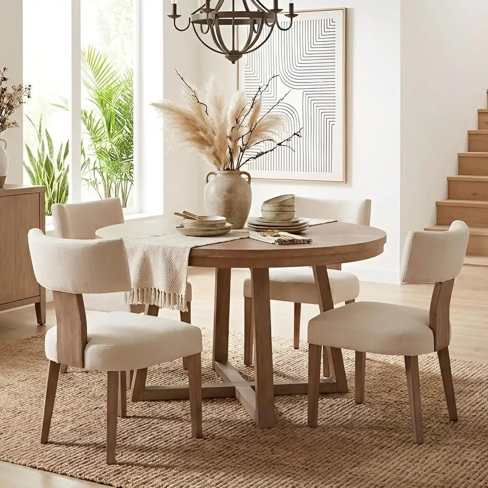 Century ern Dining Chairs Set o 4, armhouse Linen abric Upholstered Accent Curved Backrest Kitchen Chairs, with Hardwood e, Beig