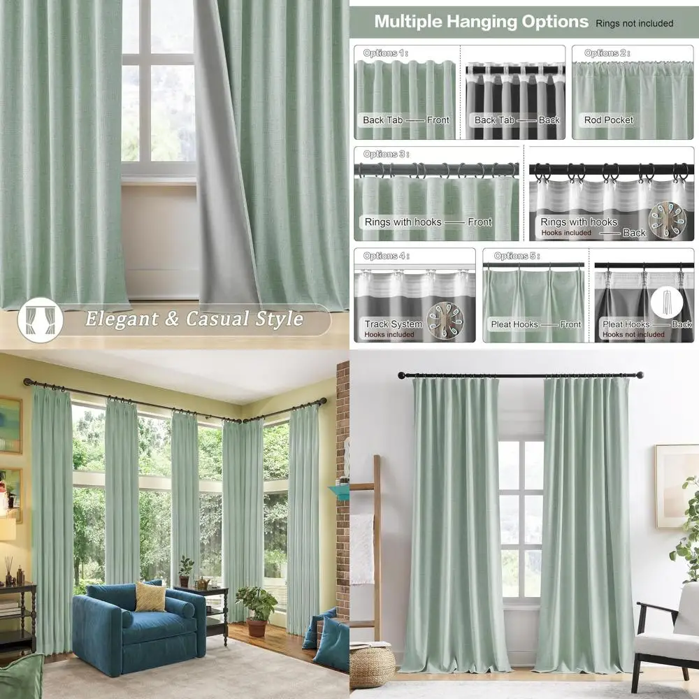 

Light Green 50x102 Inch Pinch Pleat Blackout Curtains with Hooks, Boho Style for Living Room