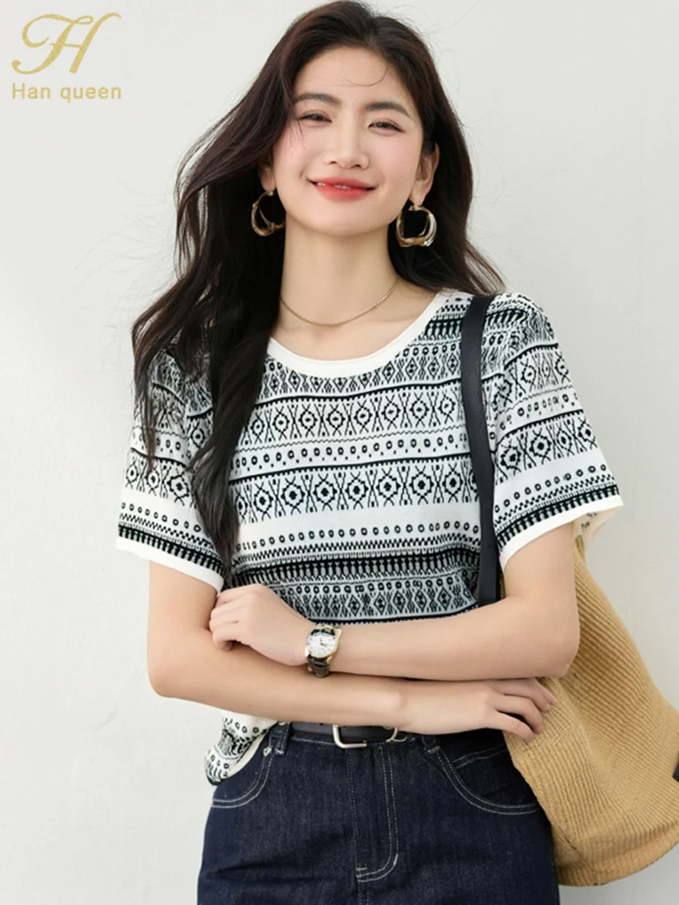 

H Han Queen 2025 Summer Women's Clothing Simple Loose Pullovers Sweaters Korean Chic S Sleeve Loose Vintage Knitwear Casual Tops