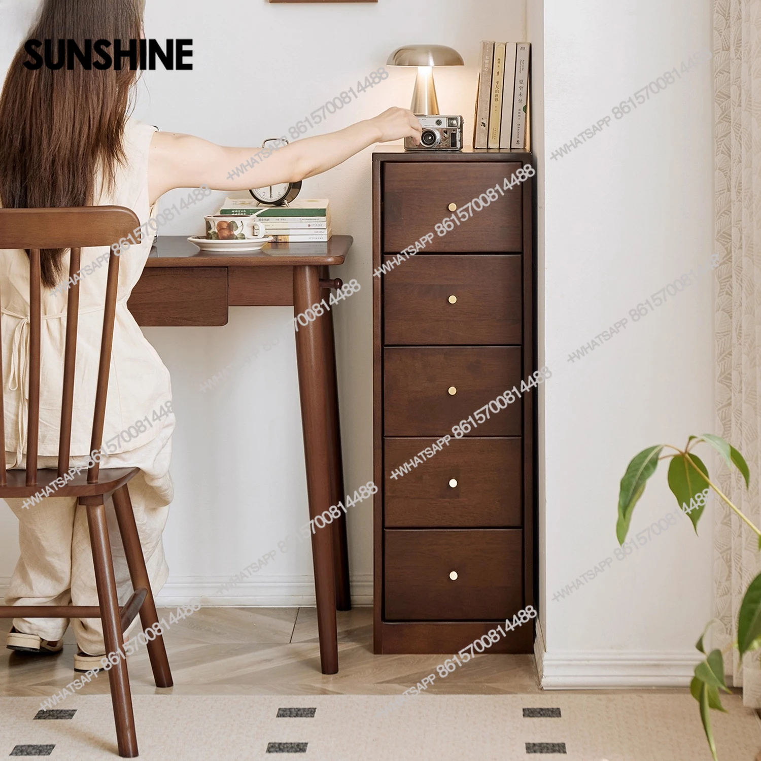 Nordic solid wood crevice cabinet walnut color living room drawer cabinet ultra-narrow chest of drawers