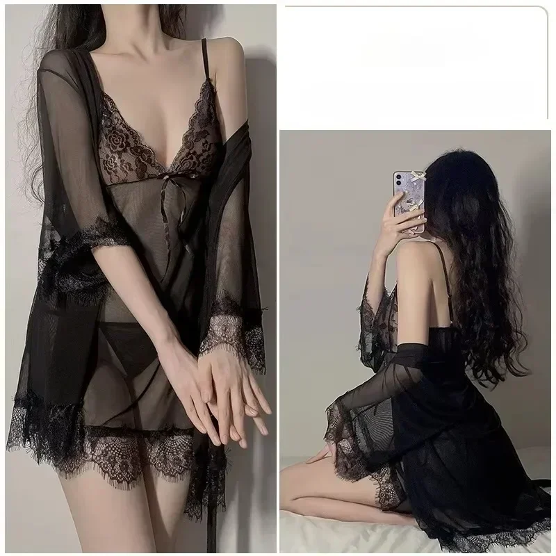 Nightgown 4-piece Set of Sexy Halter Nightdress Large Size Sexy Underwear Seductive Lace Transparent Nightdress Erotic Outfits