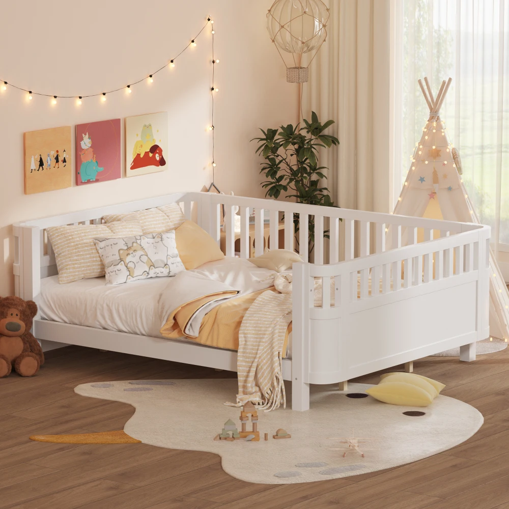 

Queen Size Wood Platform Bed, Wood Low Profile Queen Bed with Rails for Girls and Boys, White(Expect Arrival Date 2026/3/30)