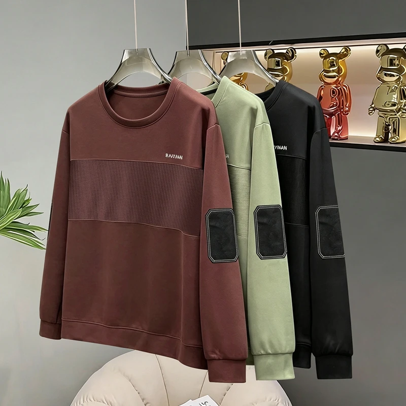 Plus Size Men Autumn Sweatshirt Embroidered Lettering Spliced Design Trendy Patchwork Color Block Crew Neck Casual Top170kg 10XL