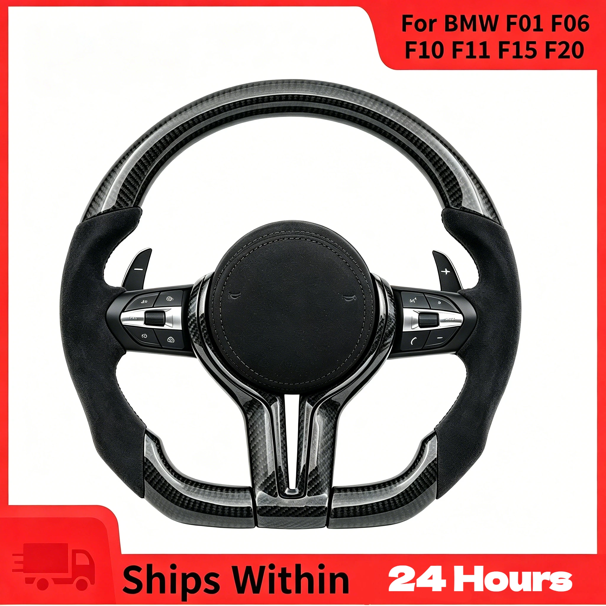 Pour BMW F01 F06 F10 F11 F15 F20 M Performance Volant en Carbone Alcantara avec Palettes de Vitesse Airbag Coutures Noires pour Série 5 Série 6 Série 7 X5 Série 1