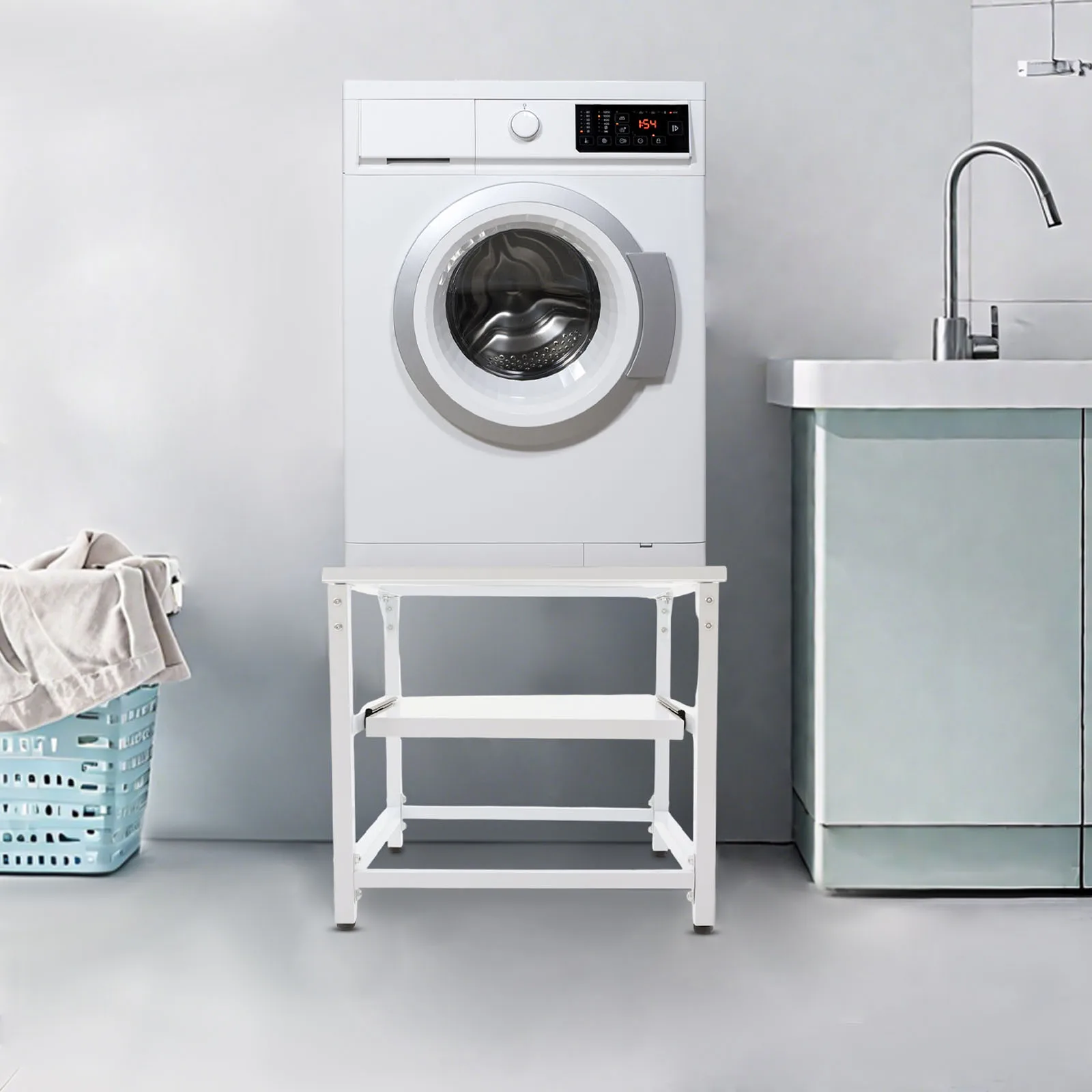 

Washing Machine Base with Shelf Black/White 23.6*22*20.5in Washing Machine and Dryer Stand for Home 330lbs Load Capacity