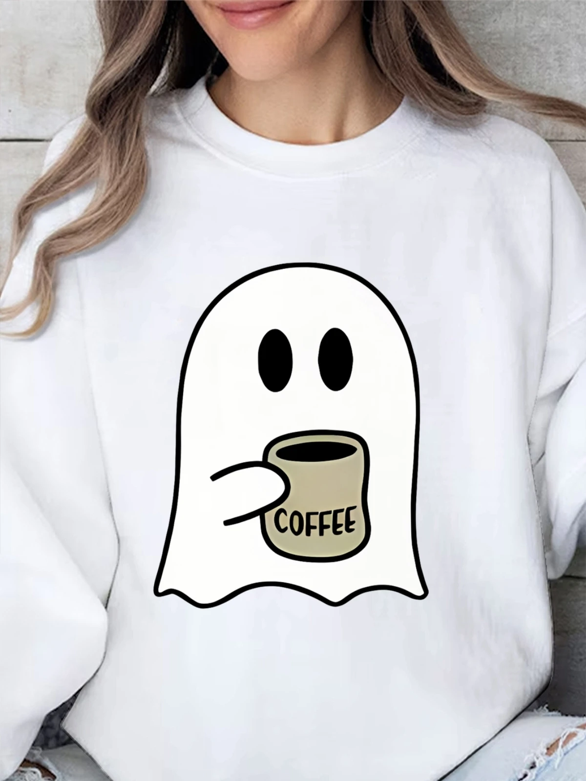 女性の面白いハロウィンコットンクルーネックスウェットシャツコーヒーを飲むグラフィックパーカーソフト通気性秋クルーネックプルオーバー