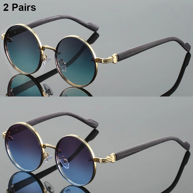 2-teiliges rundes Sonnenbrillen-Set für Damen, stilvoll, mehrfarbig, Farbverlauf, beliebte Sonnenbrille mit Holzmaserungimitat für Reisen und Urlaub