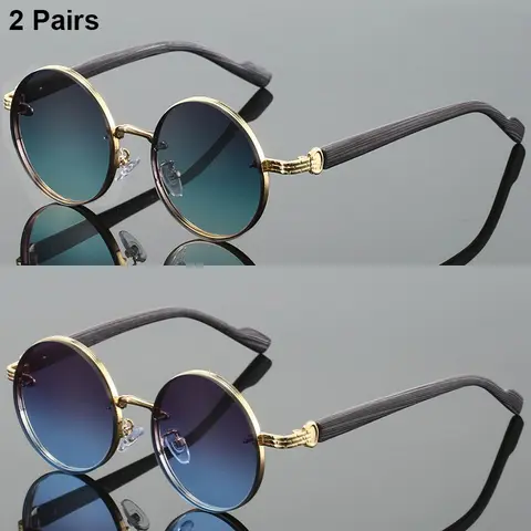 2 Pcs Women Round Sunglasses Sets Stylish Multicolor Gradient Shades Popular Imitation Wood Grain Sun Glasses for Travel Holiday