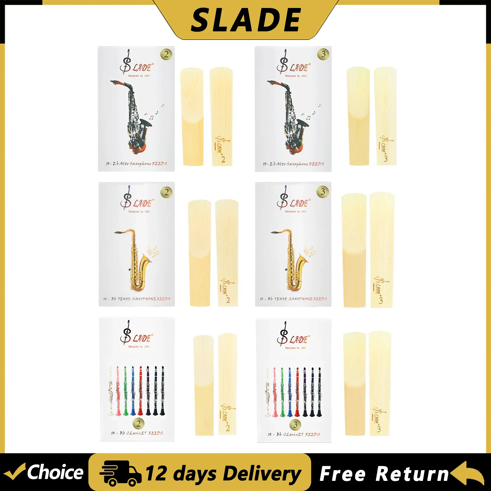 SLADE 10 Stück Saxophon- und Klarinettenblätter für Alt-/Tenor-/Sopransaxophon, Stärke 2/2,5/3, Holzblasinstrument-Teile & Zubehör