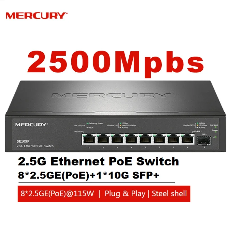 Mercury SE109P 8-Port 2.5Gbps PoE+ Switch, 115W 30W/Port, 10G SFP+ Uplink, Plug and Play, Desktop Unmanaged Network Switch