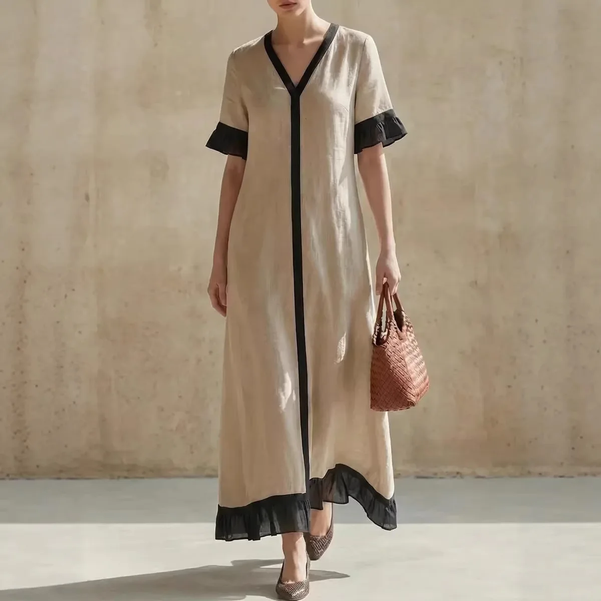 Spring Summer Short Sleeve Solid V Neck Elegant Lace Trim Dresses Women Dress