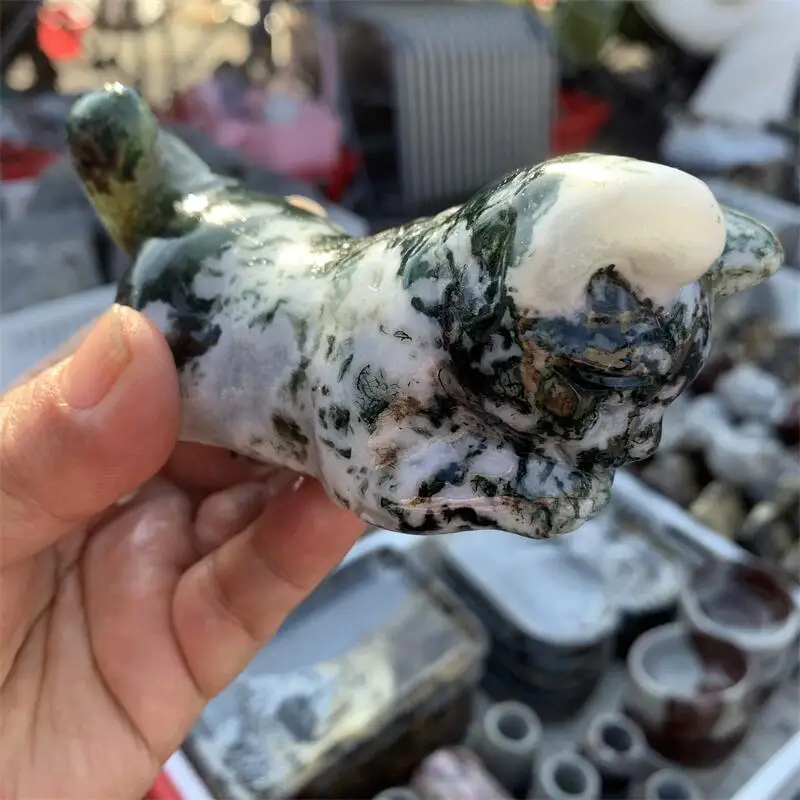Natural Moss Agate Cartoon Cat Carving Hand Cartoon Stones Healing Polished Mineral Ornaments Home Decoration 1PCS