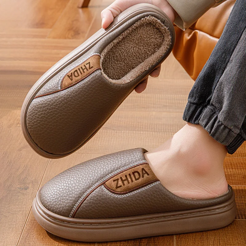 Men's Big Size 40-49 Winter Warm Cotton Slippers Fashion Pu Leather Fleece Lined Thick Sole Shoes Male Outdoor Non Slip Slippers